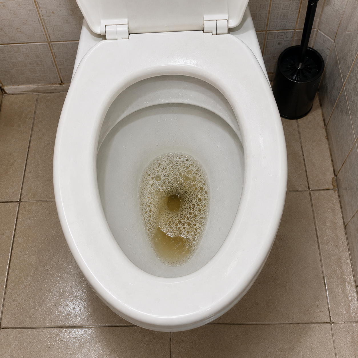 Toilet bowl with heavy foam and bubbles on the urine surface