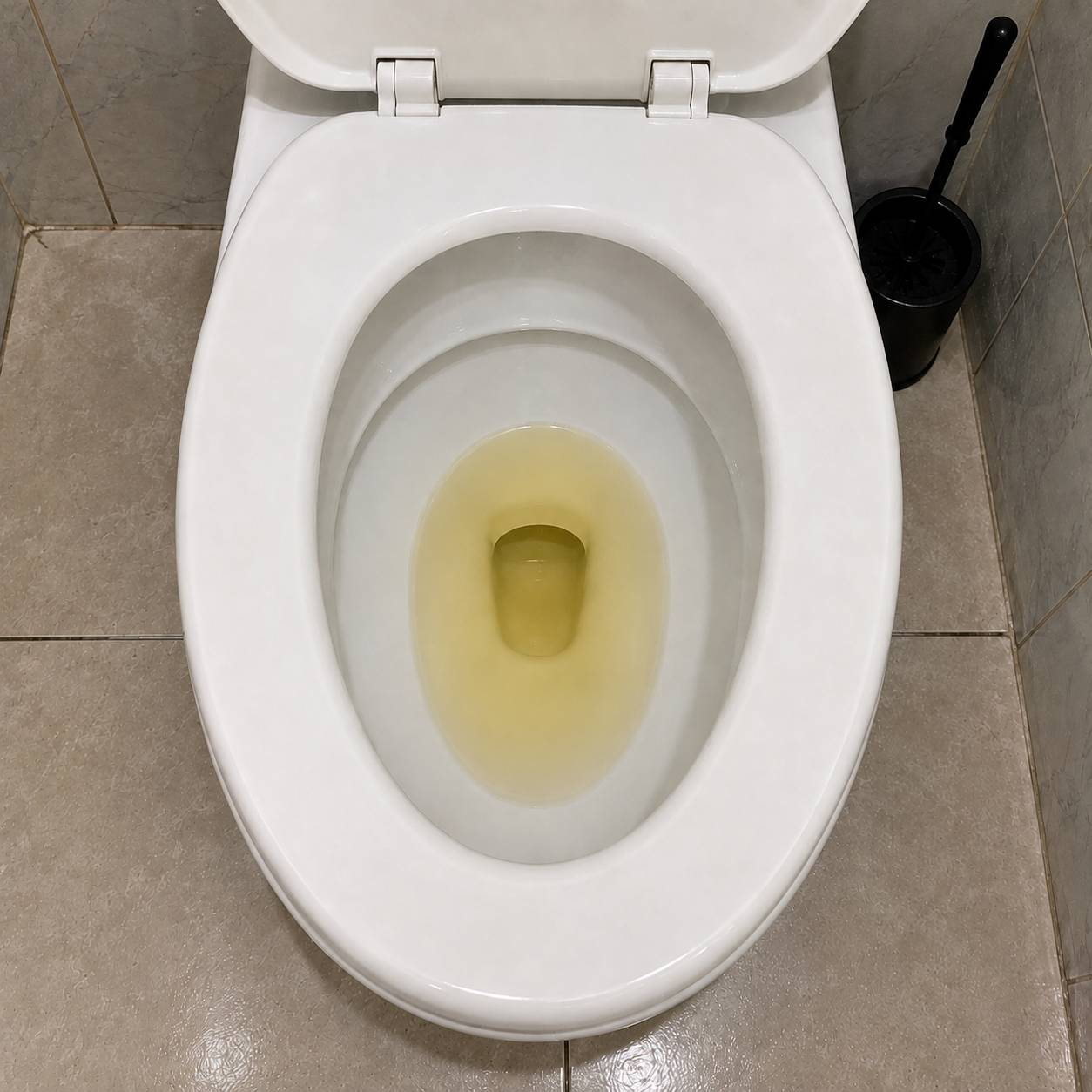 Same toilet bowl with clear pale-yellow urine and no foam