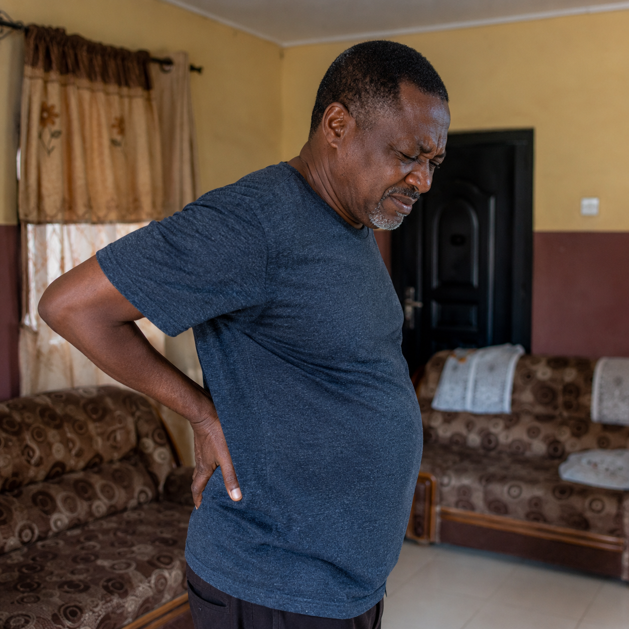 Nigerian man holding his lower back in discomfort