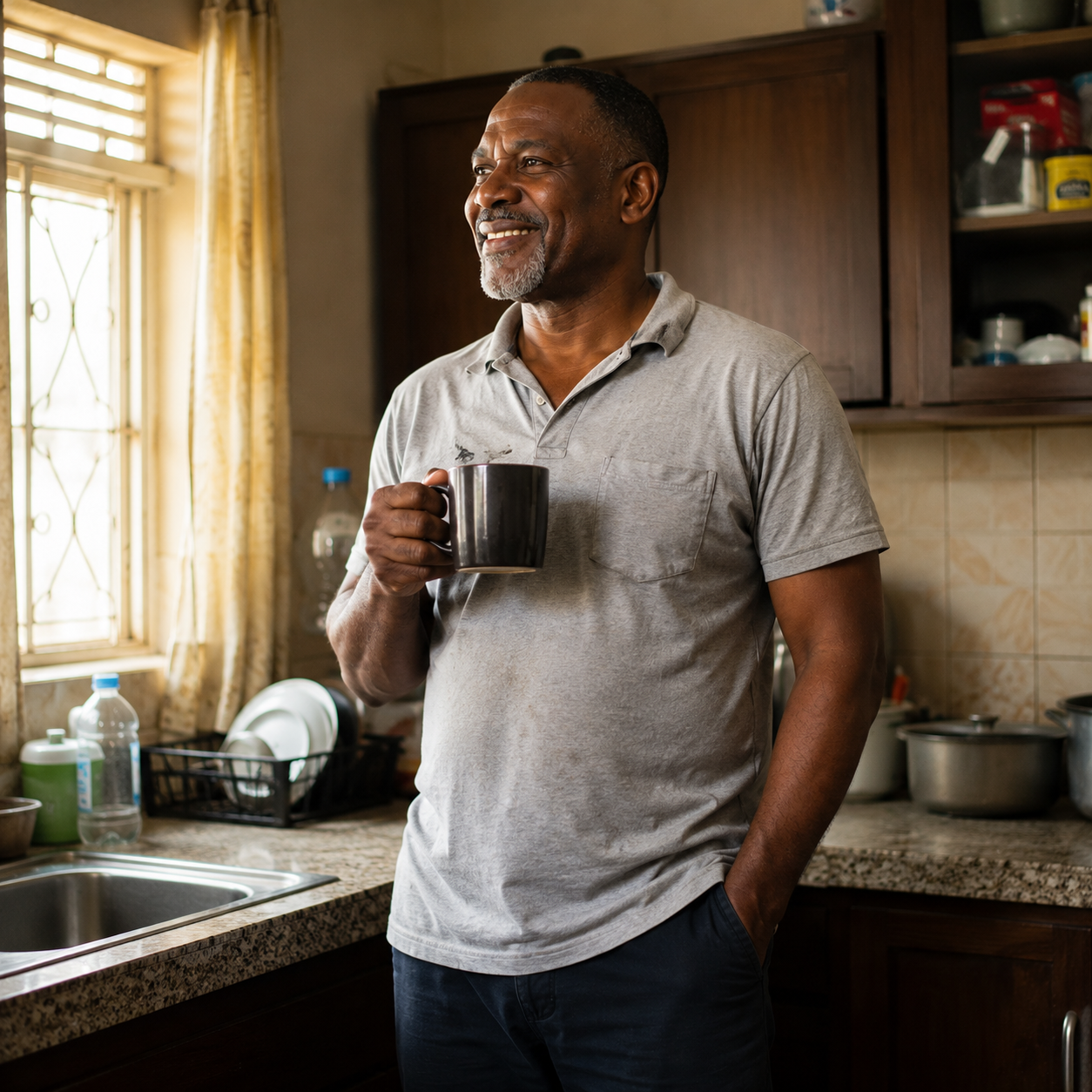 Same Nigerian man standing relaxed and smiling with a mug